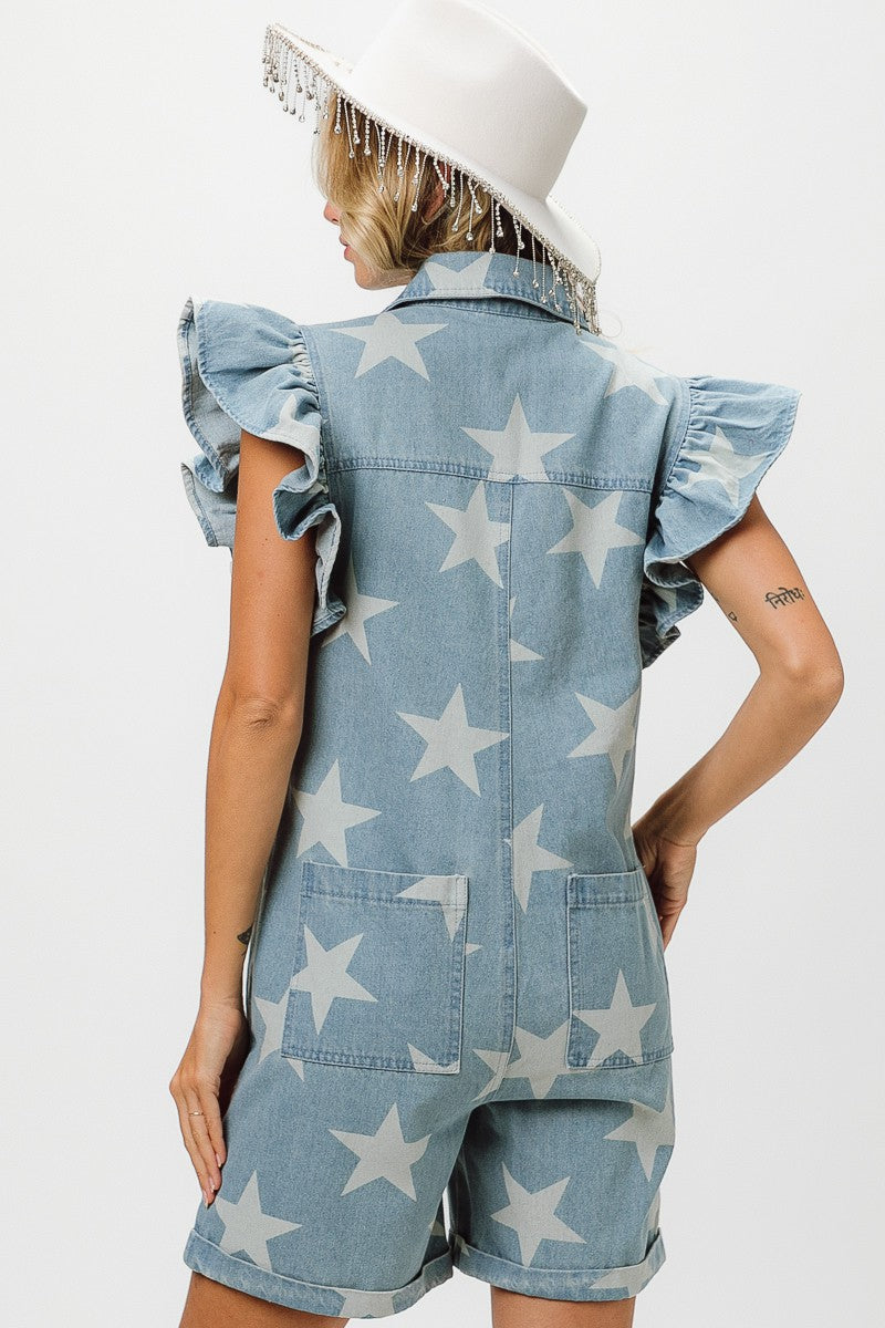 BIBI STAR PRINT DENIM ZIP UP SHORT ROMPER