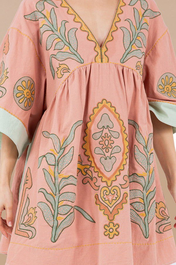 BOHO PINK EMBROIDERY DRESS