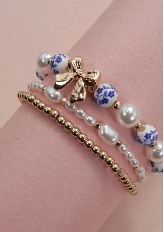 Blue Ceramic Porcelain Bow Multi Layer Bracelet
