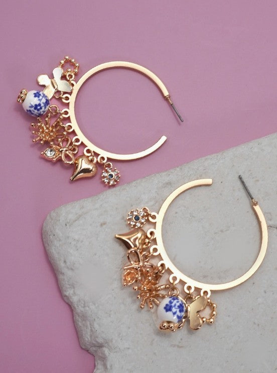 Blue Ceramic Porcelain Multi Charm Hoop Earrings