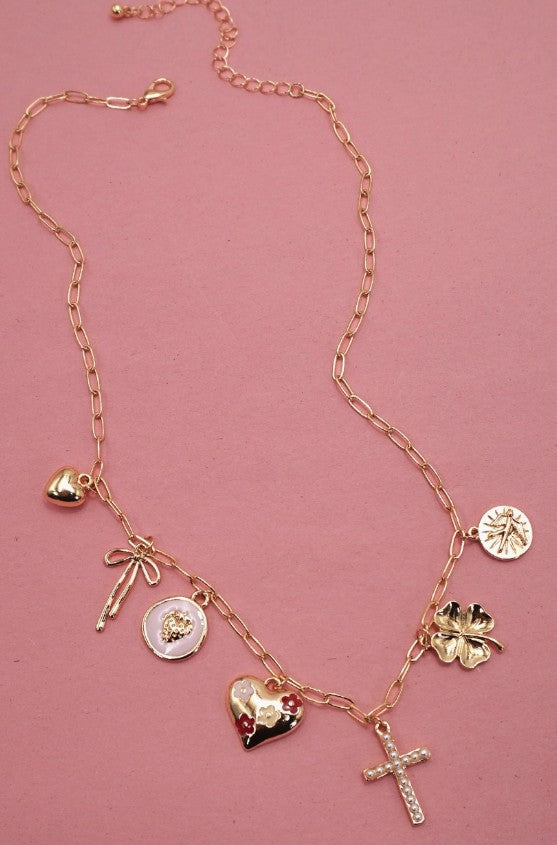 LuckyCharm Necklace-Cross Clover Heart Bow