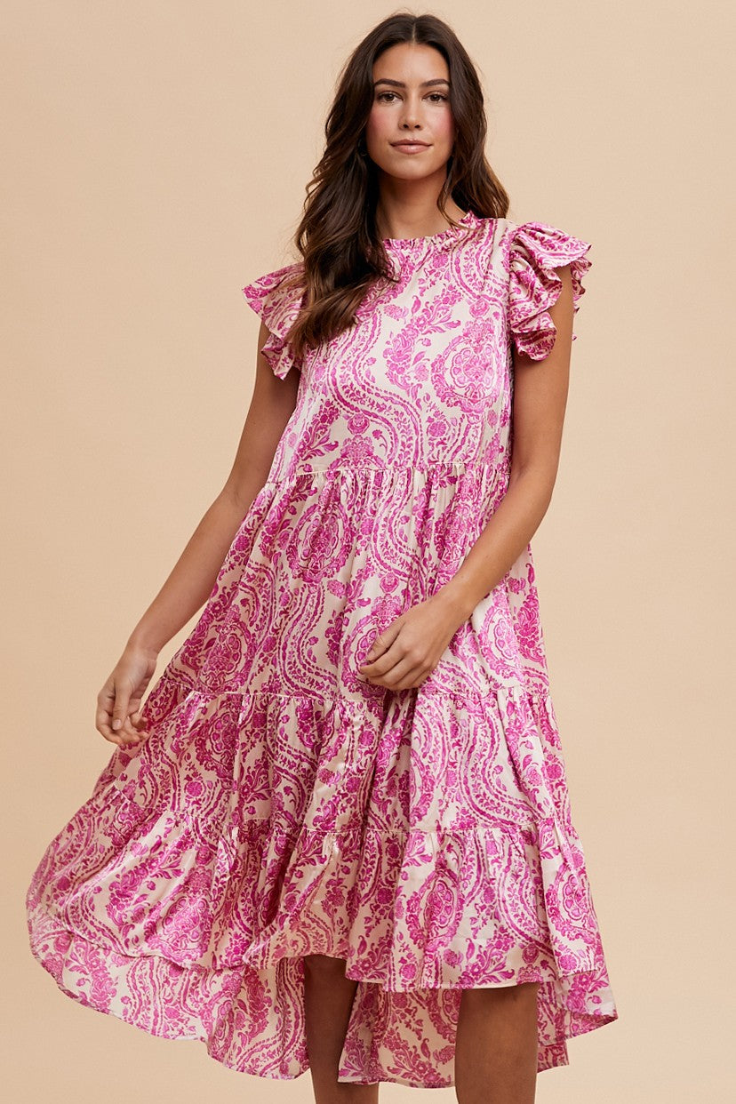 DAMASK PRINT SATIN TIERED MIDI DRESS