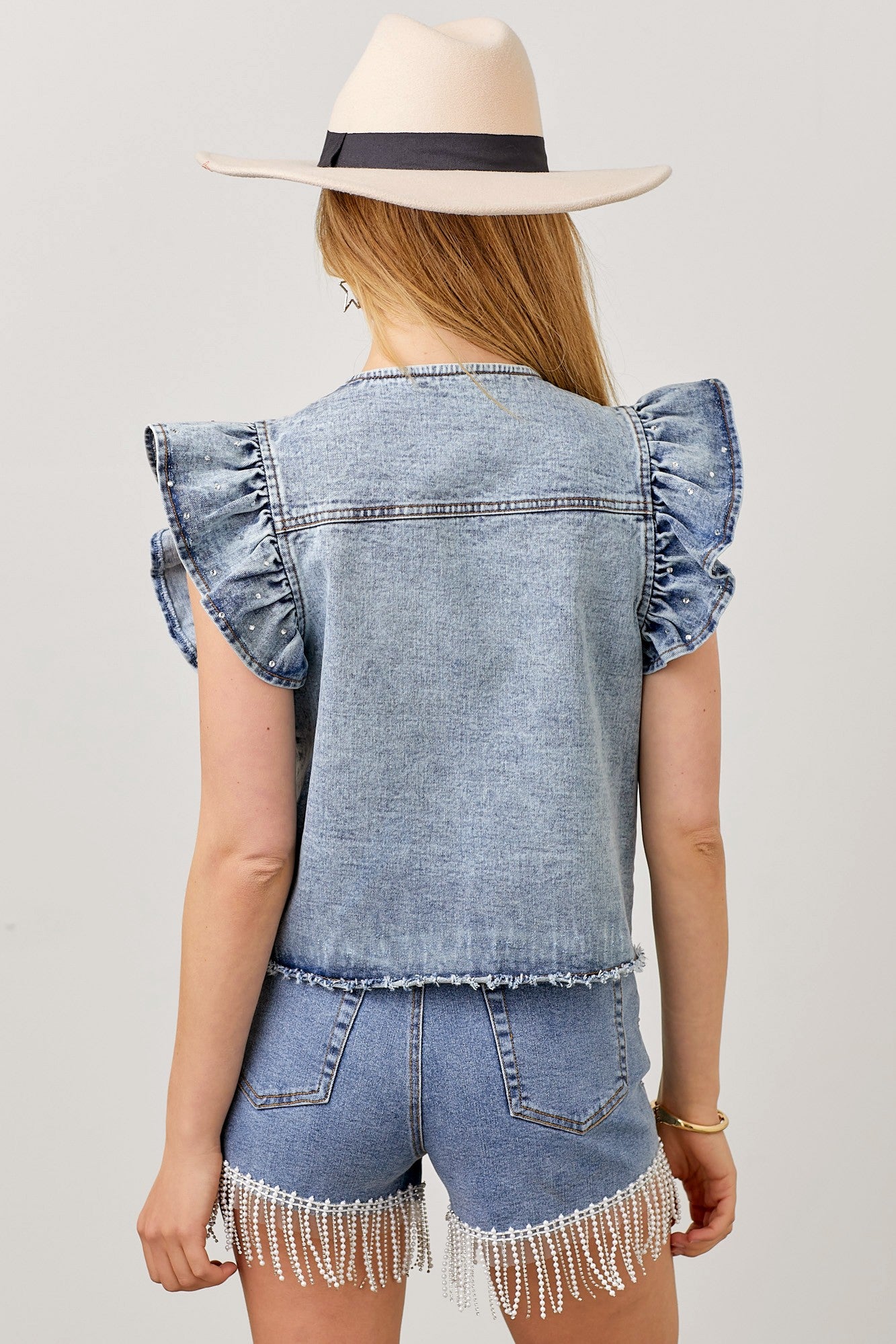 Reba Denim Vest With Ruffle Sleeve & Rhinestone Detail