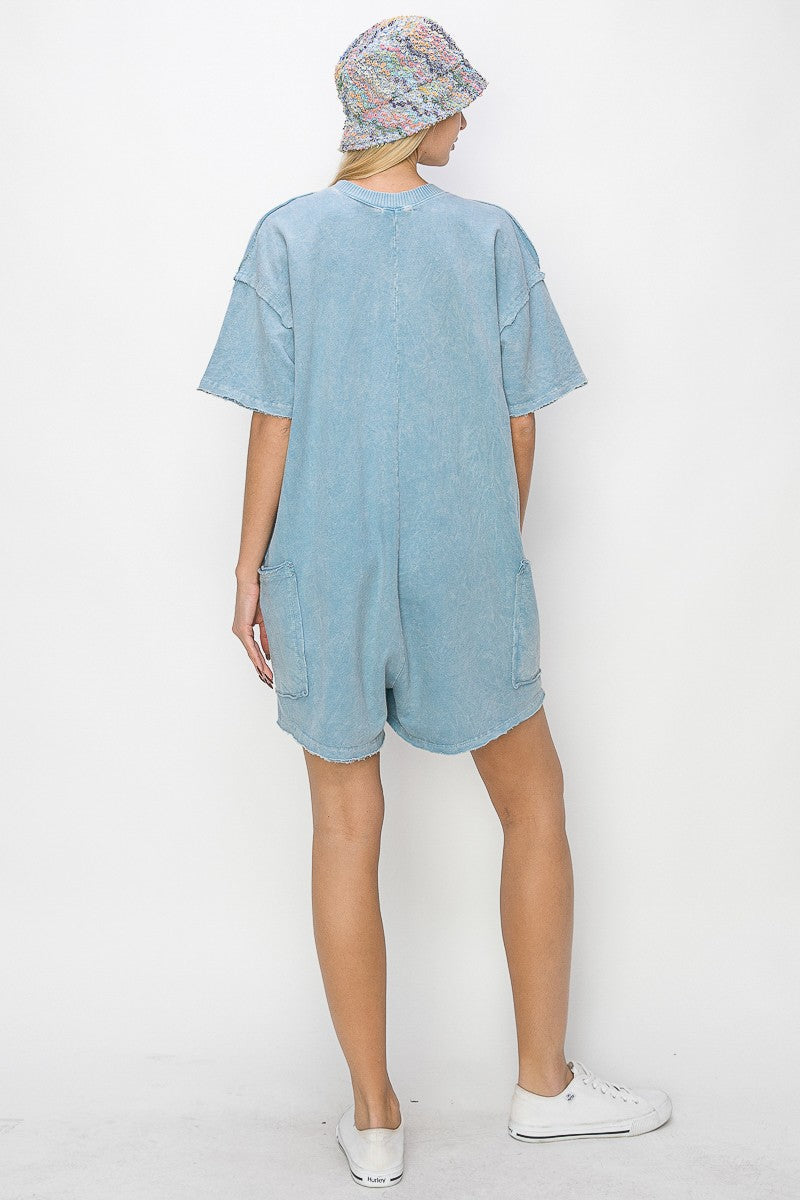Mineral Wash Reversible Rompers - INDIGO