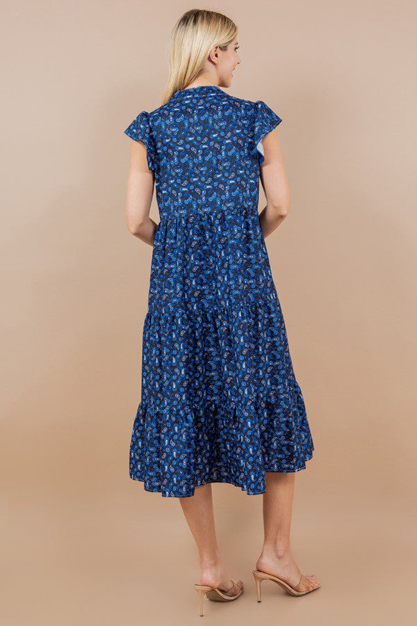 Paisley Printed Ruffled Sleeve V-Neck Dress