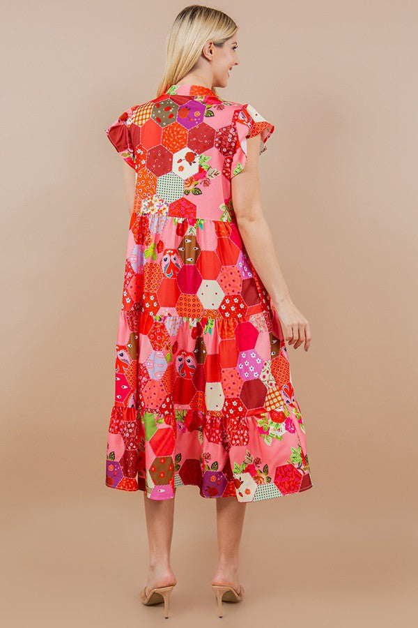 Hexy Printed Ruffled Sleeve V-Neck Dress