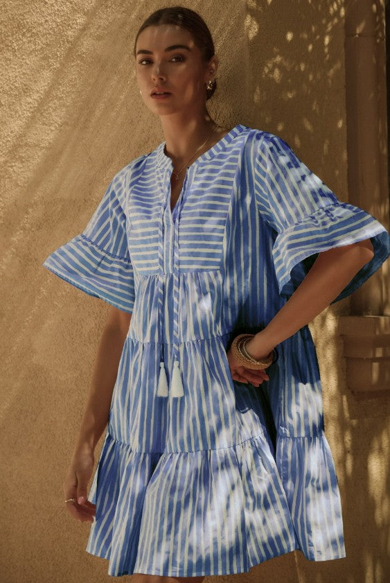 Madison Striped Poplin Tired Baby Doll Mini Dress