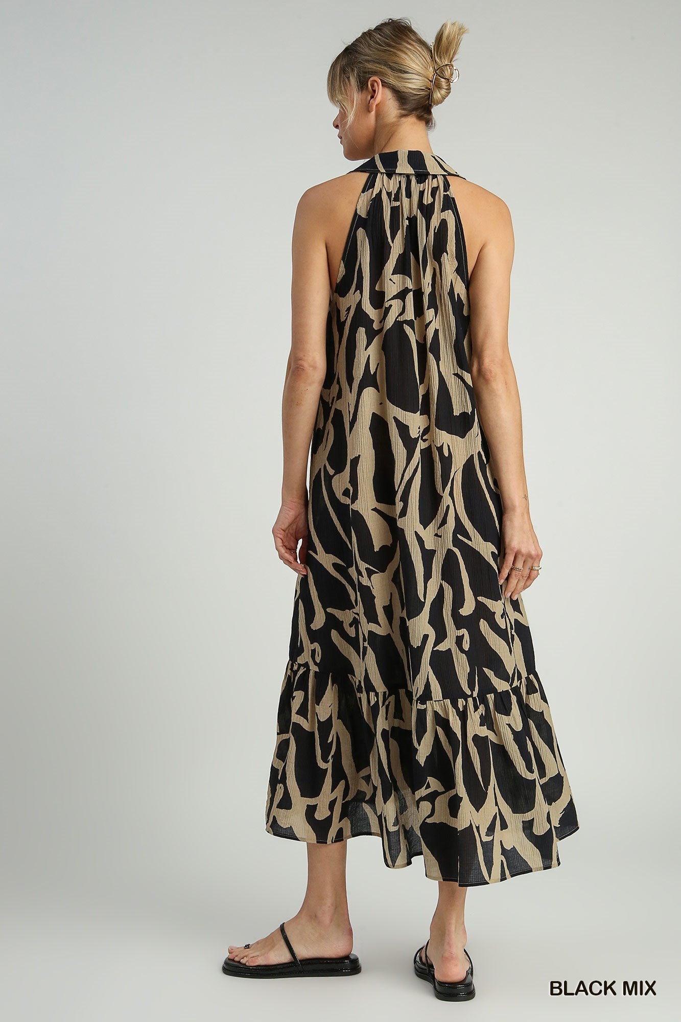 Artsy Two Tone Button Down Print Halter Neck Dress