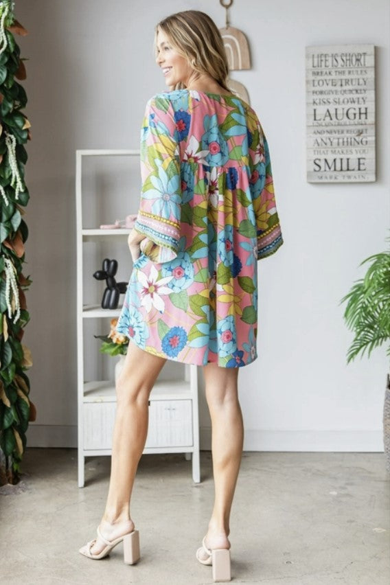 Vintage Big Floral Embroidered Pink Neckline Dress