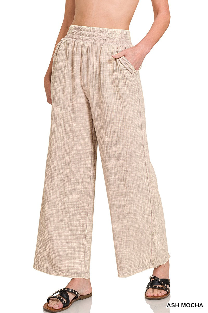 WASHED DOUBLE GAUZE ELASTIC BAND WAIST PANTS - MOCHA