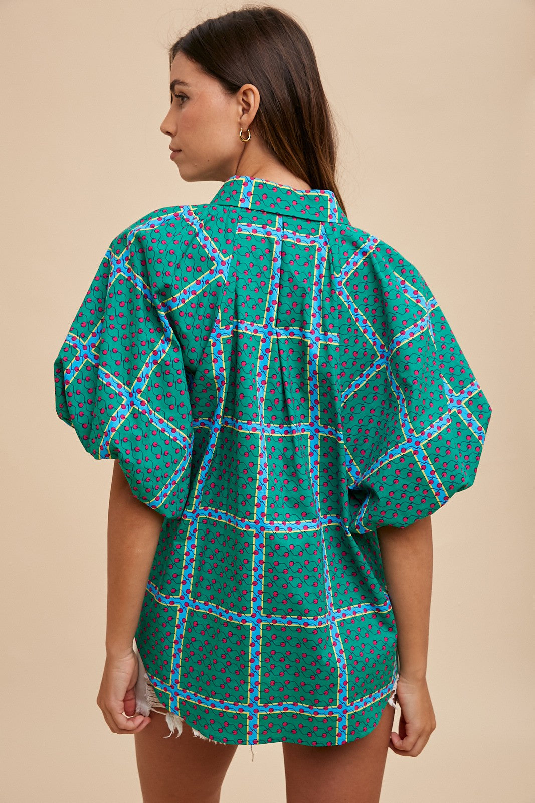Gia Geometric Print Bubble Sleeve Button Down