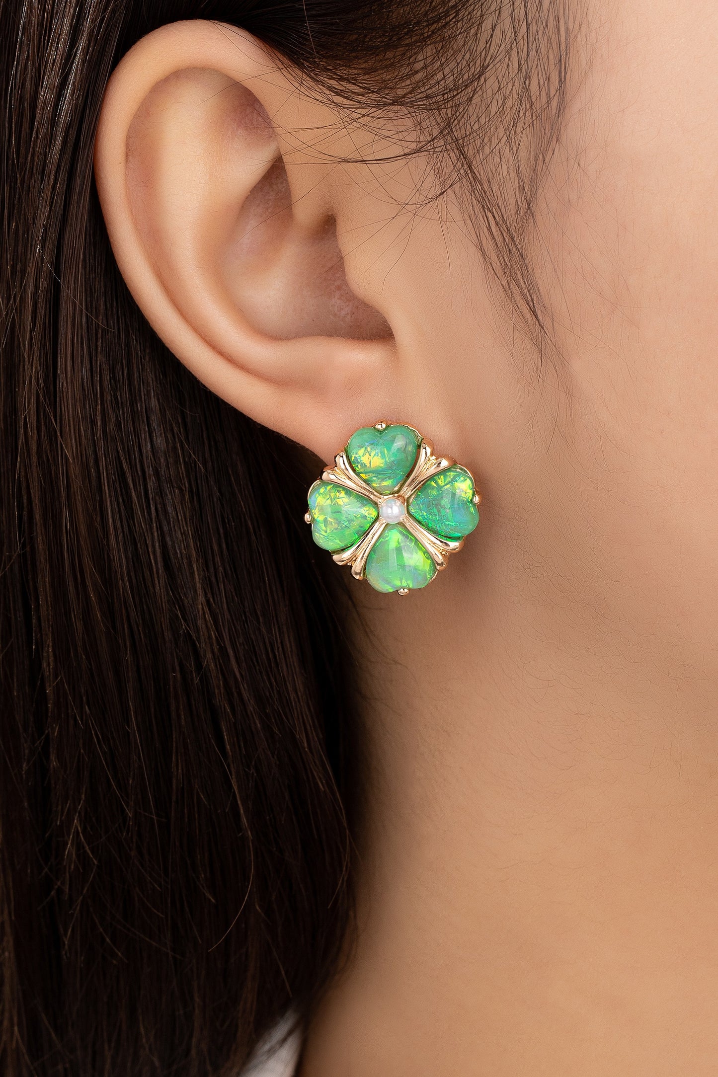 Green Opal Clover Stud Earrings
