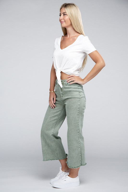 Acid Washed High Waist Frayed Hem Straight Pants