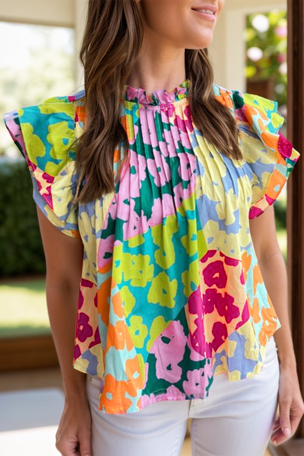 Ruffled Printed Mock Neck Cap Sleeve Blouse