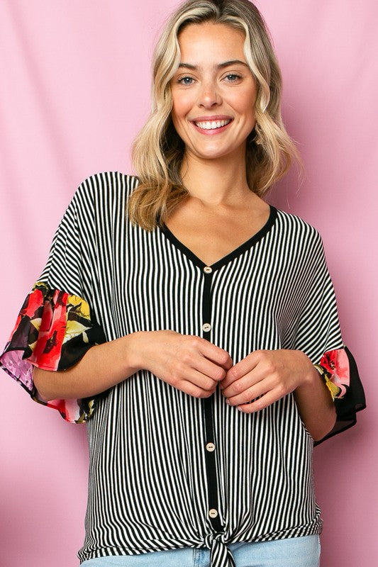 PLUS STRIPE FLORAL MIXED RUFFLE TOP