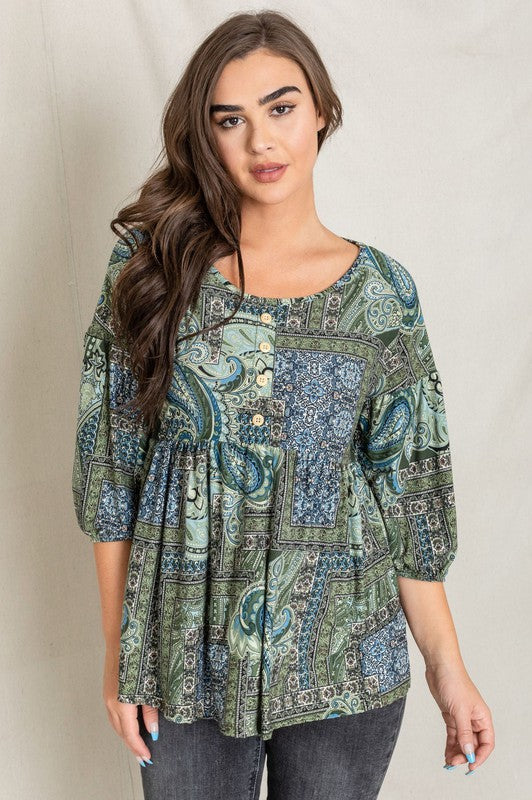 Plus Button Accent Paisley Top