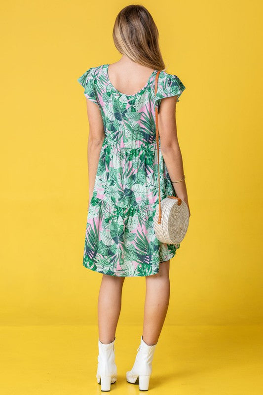 Plus Tropical Flutter Sleeve Tiered Midi Dress