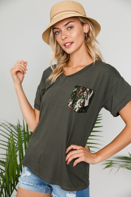 PLUS CAMOUFLAGE SEQUINCE POCKET TOP