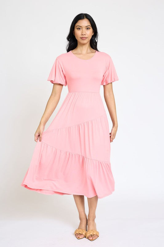 Plus Solid Diagonal Tiered Flowy Dress