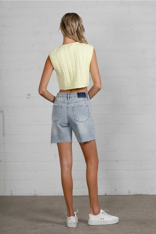 Button Down Raw Hem Denim Shorts