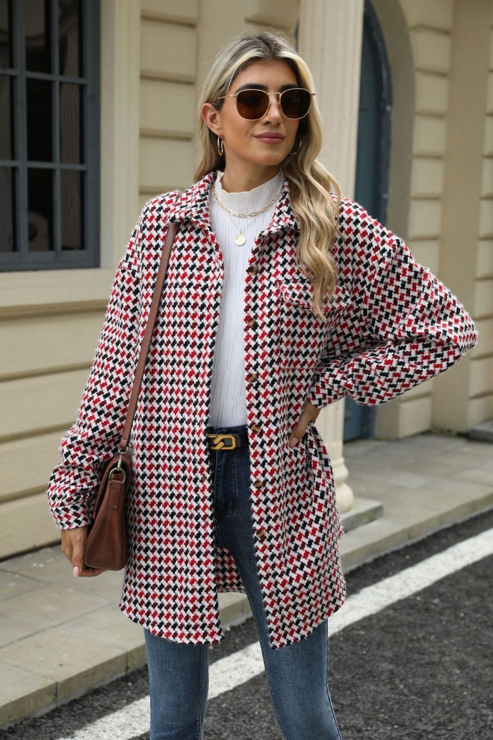 Houndstooth Button Up Dropped Shoulder Coat