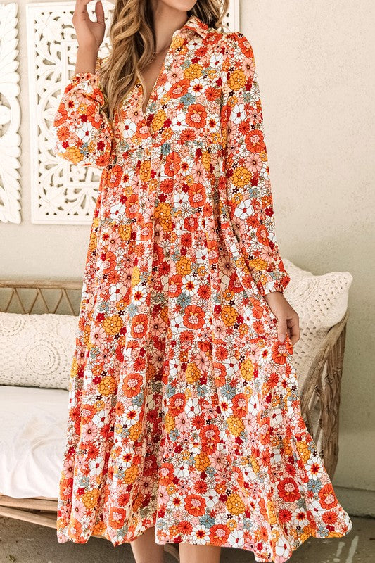 Boho Floral Collared Long Sleeve Dress