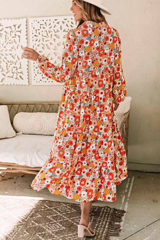 Boho Floral Collared Long Sleeve Dress