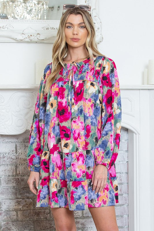 Multicolour Floral Tie Neck Shift Dress