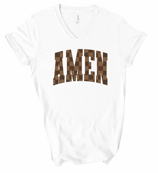 V-Neck Brown Checked AMEN Graphic Boutique Tee