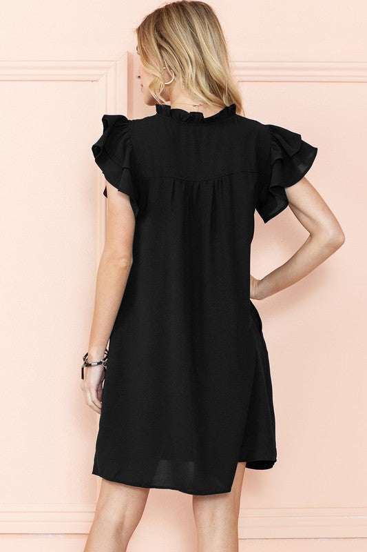 Ruffle Sleeve V neck Green, Black dress w/ pocket