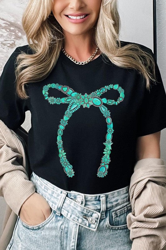 Turquoise Bow Graphic T Shirts