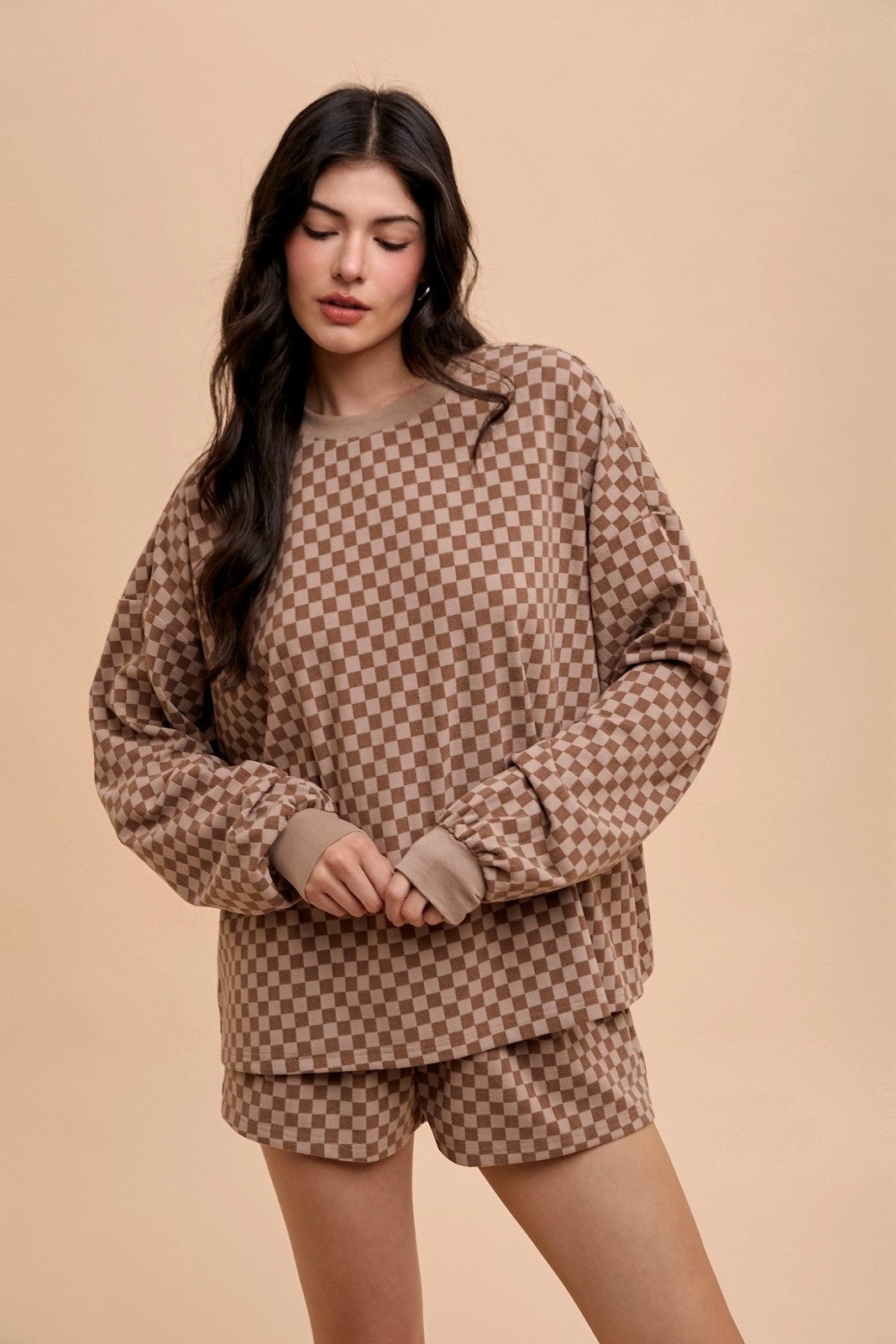 CHECKERBOARD SOFT BRUSHED KNIT PULLOVER & SHORTS - MOCHA