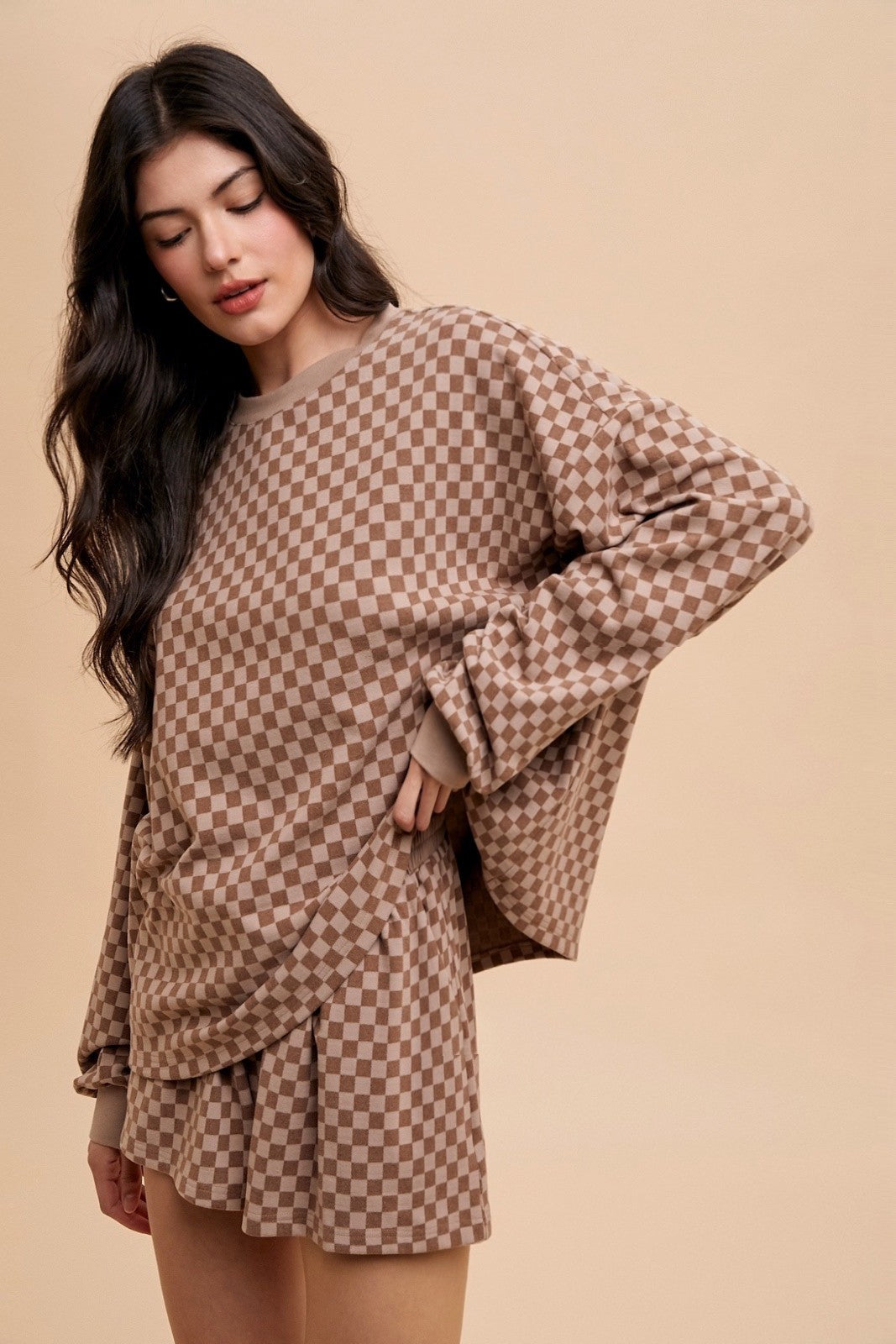 CHECKERBOARD SOFT BRUSHED KNIT PULLOVER & SHORTS - MOCHA