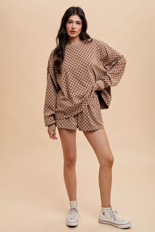 CHECKERBOARD SOFT BRUSHED KNIT PULLOVER & SHORTS - MOCHA