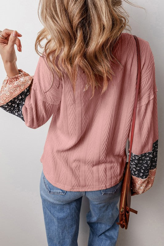 Patchwork Textured Knit Drawstring V Neck Blouse