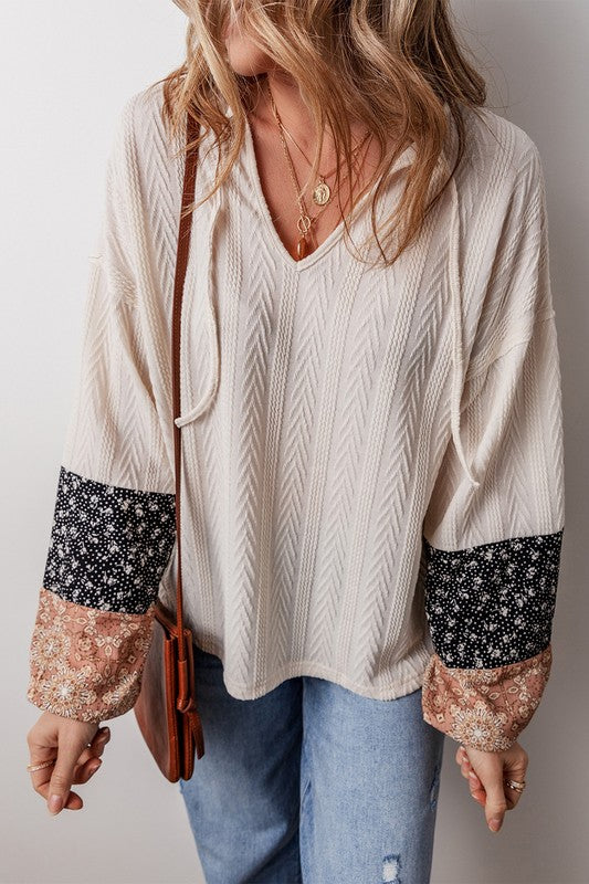 Patchwork Textured Knit Drawstring V Neck Blouse