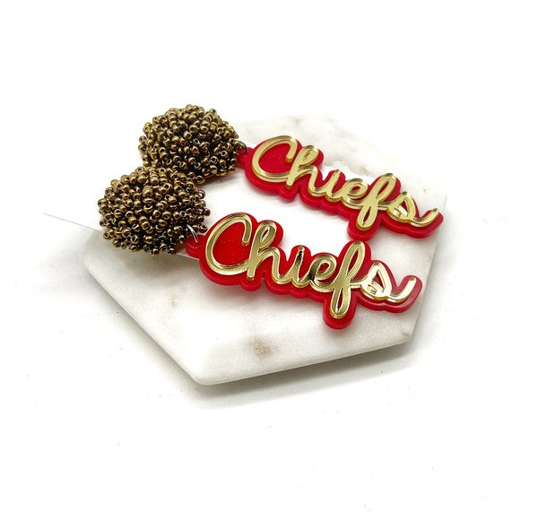 Kansas City Chiefs Pom Gold Red Football Earrings