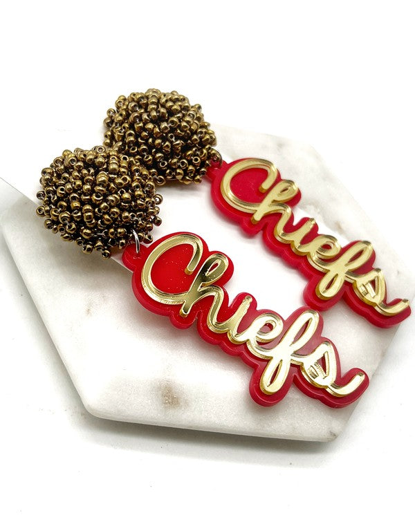 Kansas City Chiefs Pom Gold Red Football Earrings