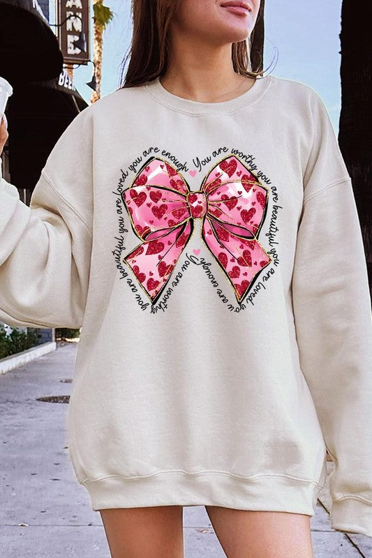 Faux Glitter Valentine Bow Graphic Sweatshirt