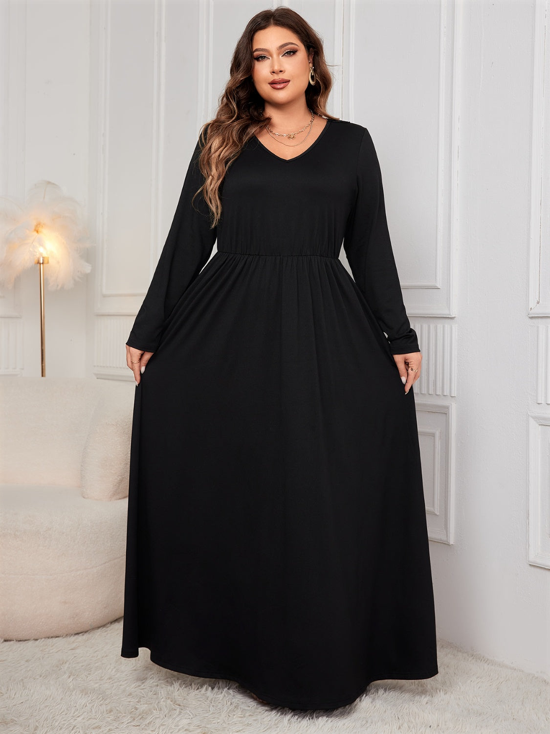 Plus Size Cutout V-Neck Long Sleeve Maxi Dress