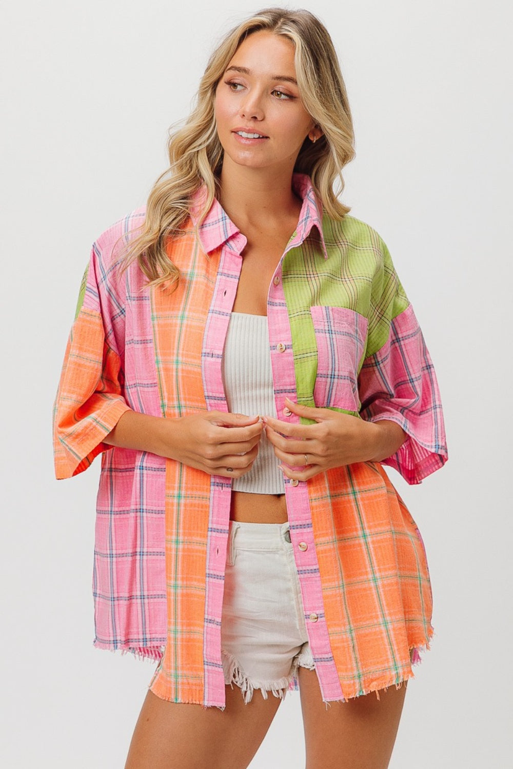 BiBi Plaid Collared Neck Half Sleeve Shirt