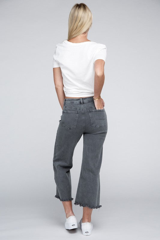 Acid Washed High Waist Frayed Hem Straight Pants