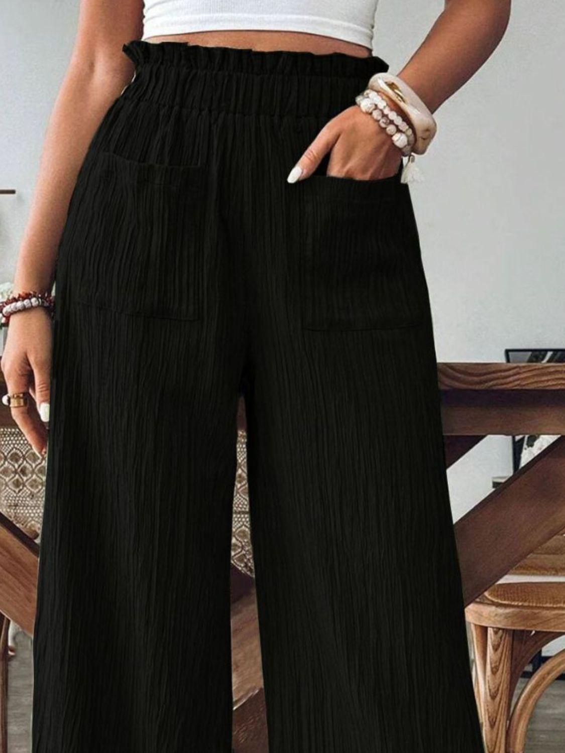 Pocketed Elastic Waist Wide Leg Pants