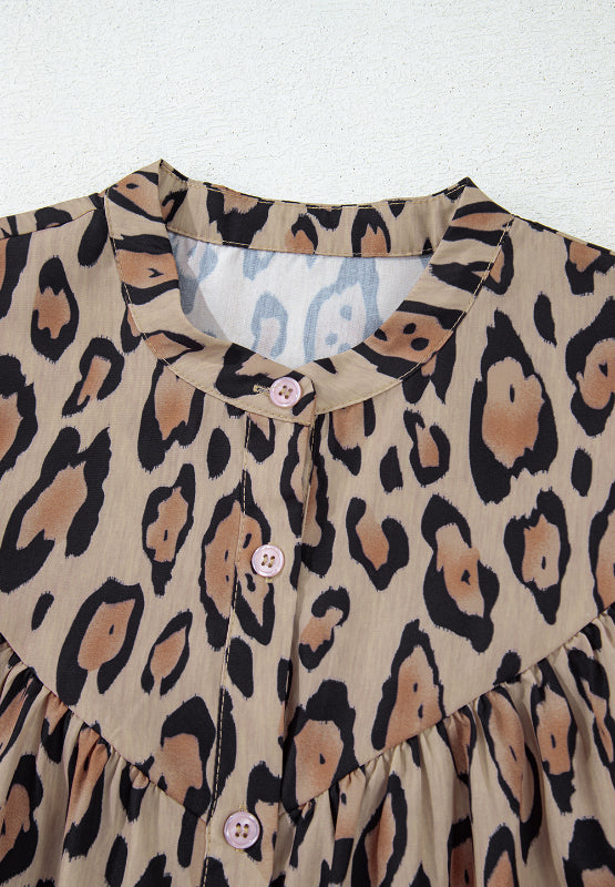 Leopard Notched Long Sleeve Blouse