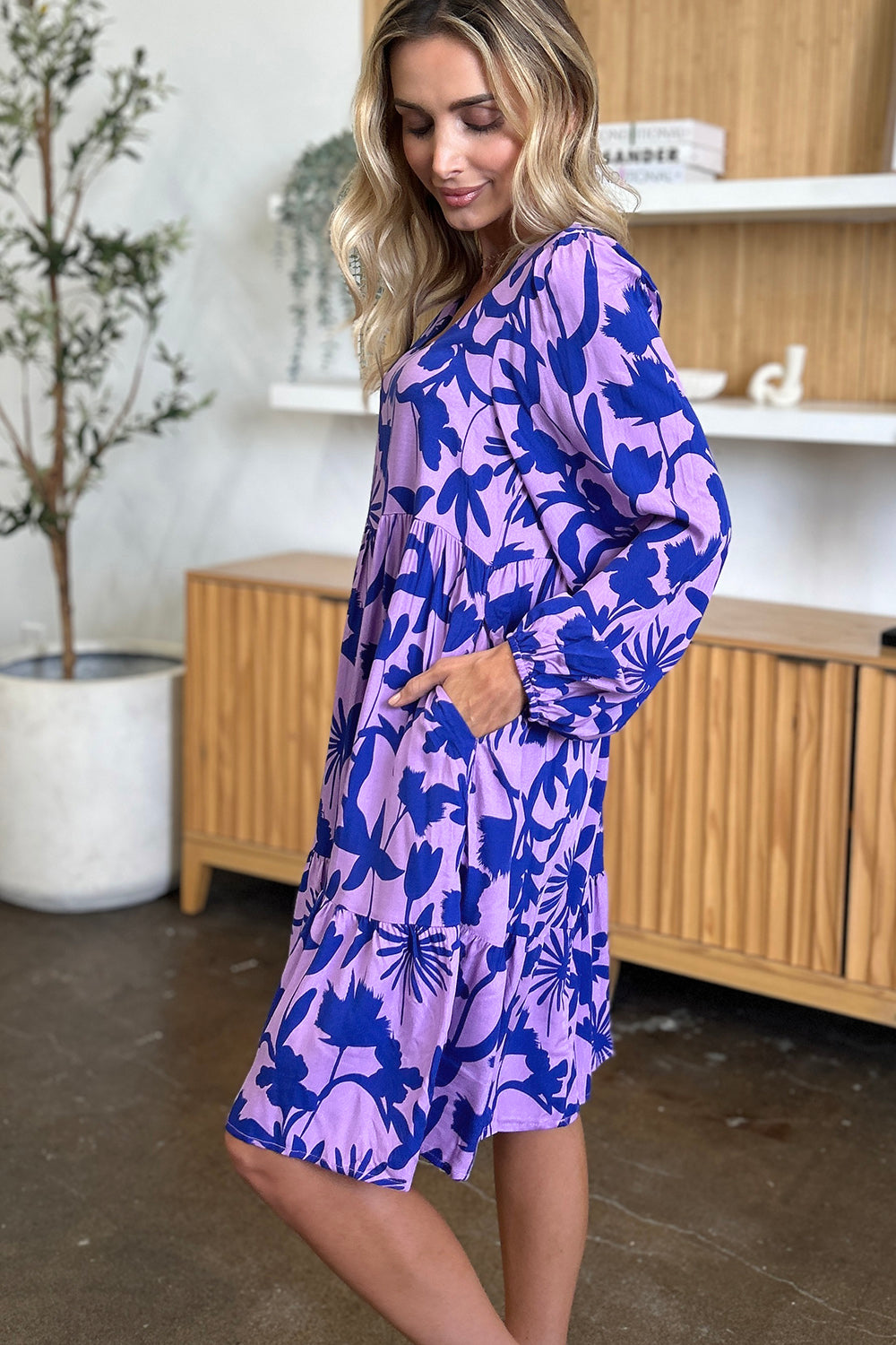 Double Take Full Size Printed Ruffle Hem Long Sleeve Dress