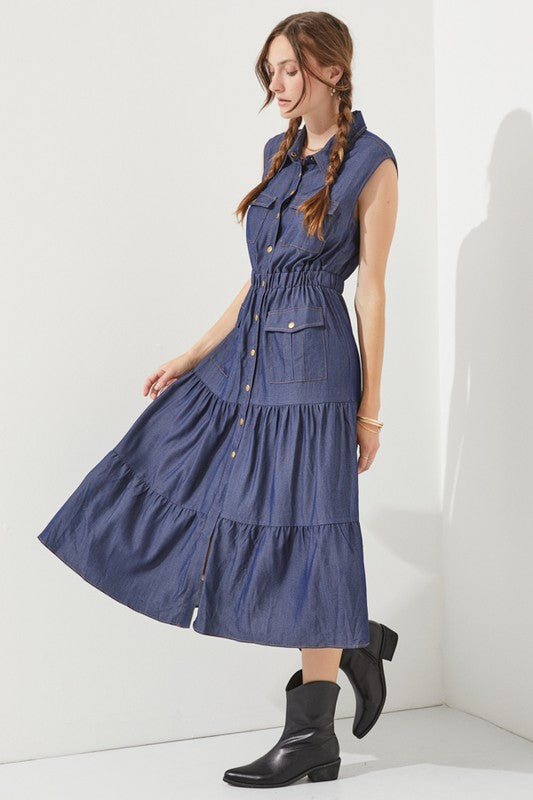 PLUS SLEEVELESS BUTTON DOWN COLLARED DENIM DRESS