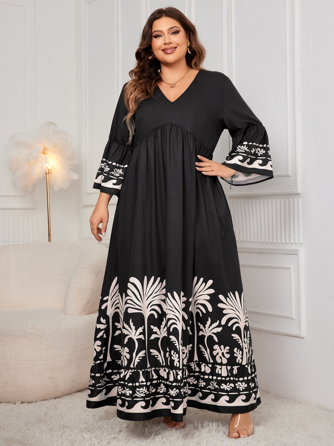 Plus Size Printed V-Neck Long Sleeve Maxi Dress