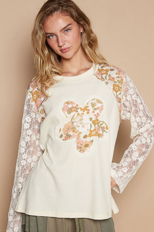 POL Flower Patch Lace Sleeve Knit Top