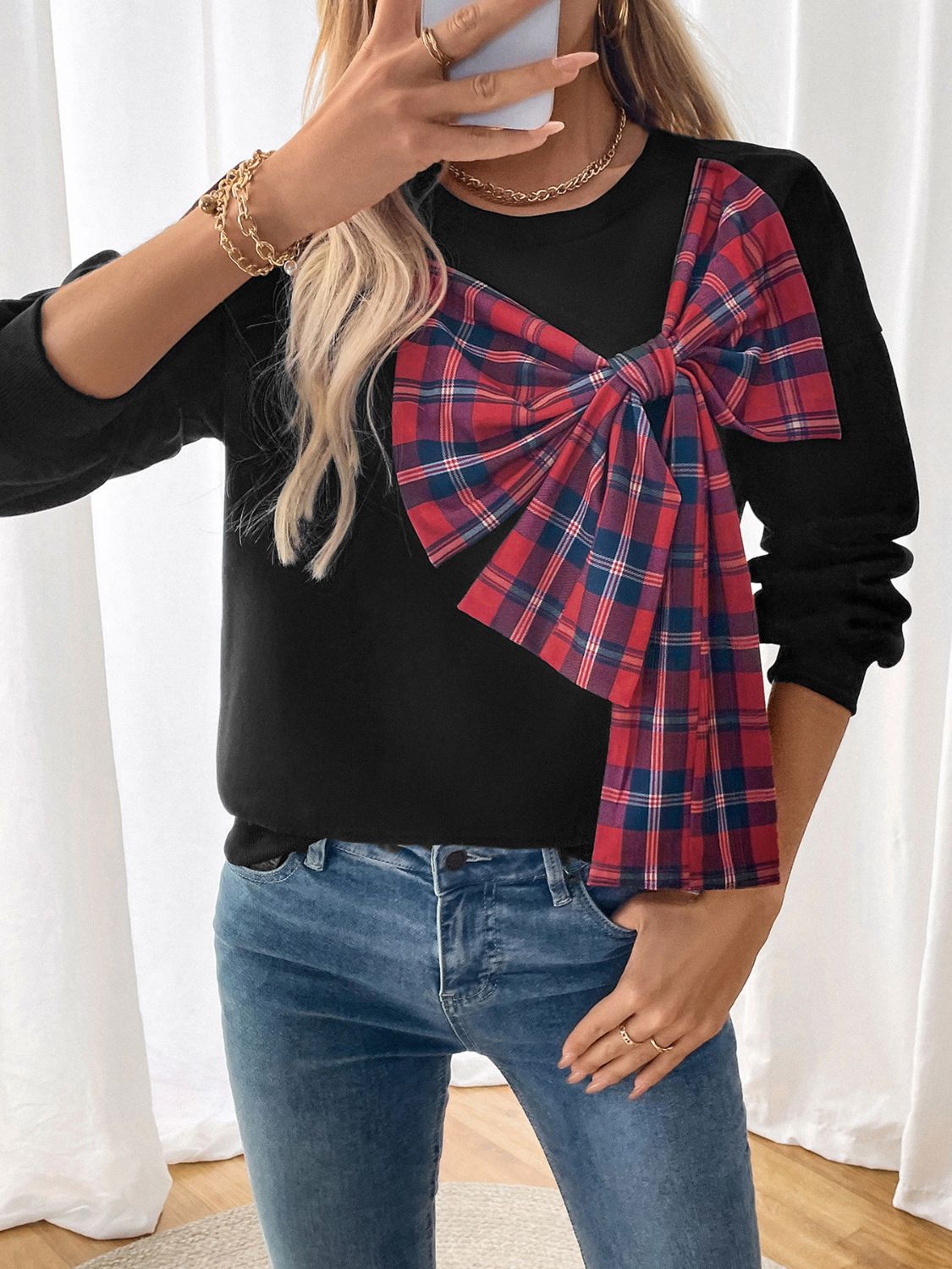 Perfee Bow Round Neck Long Sleeve Sweatshirt