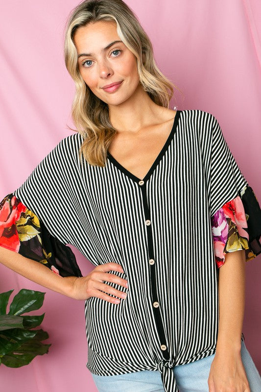 PLUS STRIPE FLORAL MIXED RUFFLE TOP